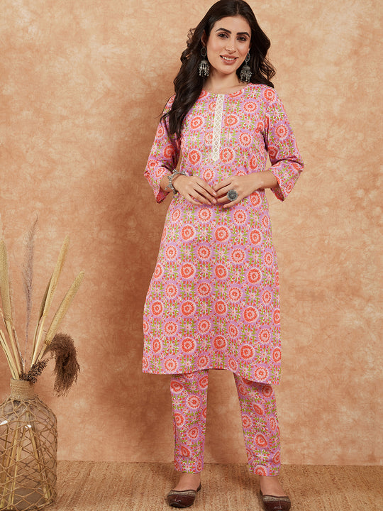 Mauve Floral Jaal Gota Work Straight Kurta Pant Set