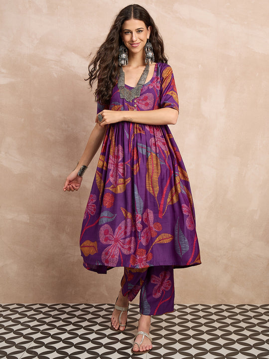 Purple Leaf Button Kurta Set