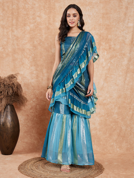 Teal Shaded Lurex Frill Sharara Saree