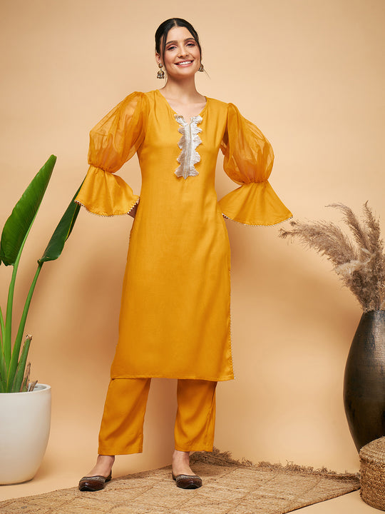 Mustard Organza Sleeve Kurta Set