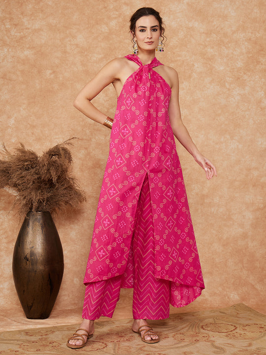 Fuchsia S Print Twisted Neckline Kurta Pant Set