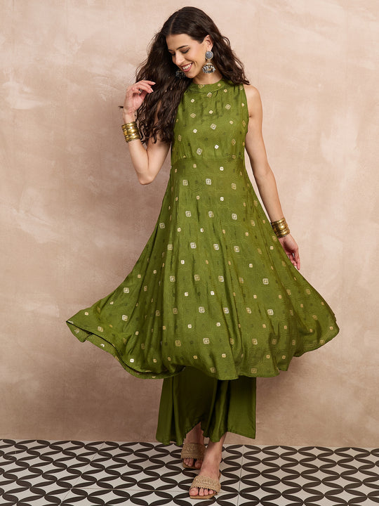 Sap Green Zari Work Boho Kurta Set