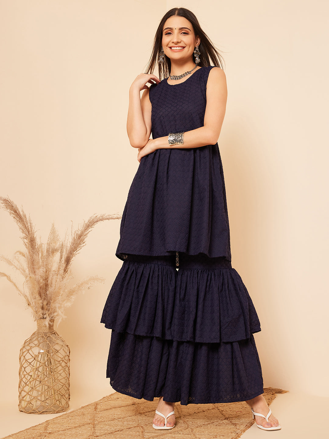 Navy Blue Lace Work Double Layer Sharara Set