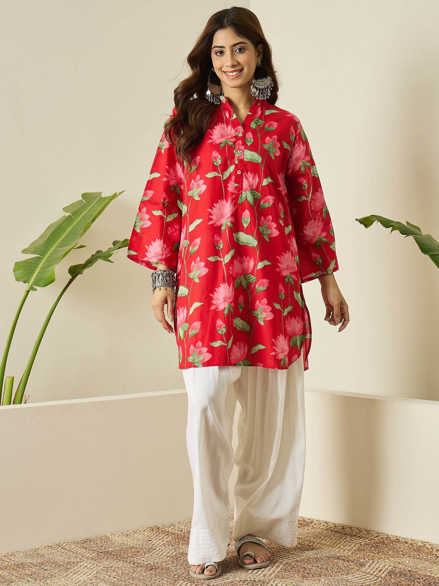 Red Lotus Print Kurta White Salwar Set