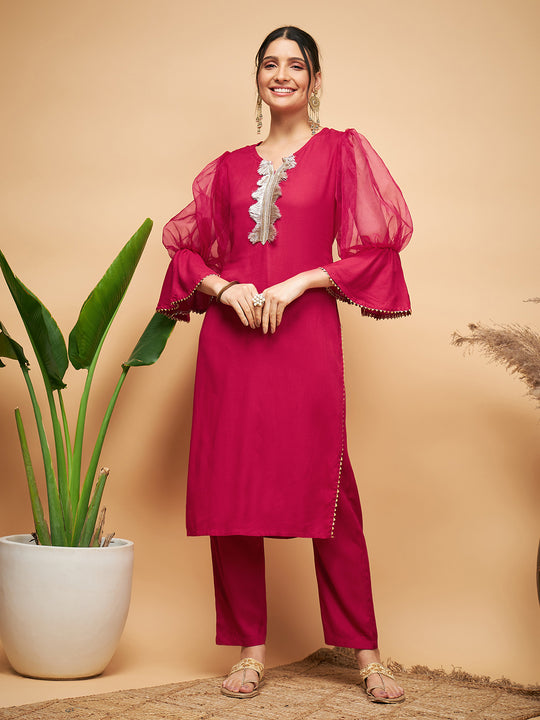 Maroon Organza Sleeve Kurta Set