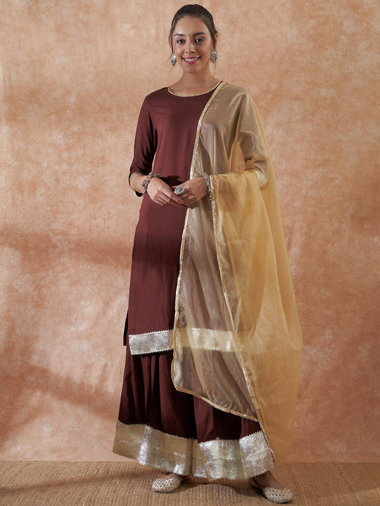 Brown Gota Work Anarkali Kurta Set W Dupatta