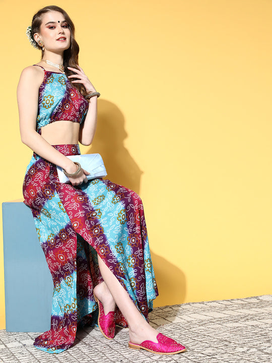 Purple & Blue Bandhej Crop Top With Skirt Set