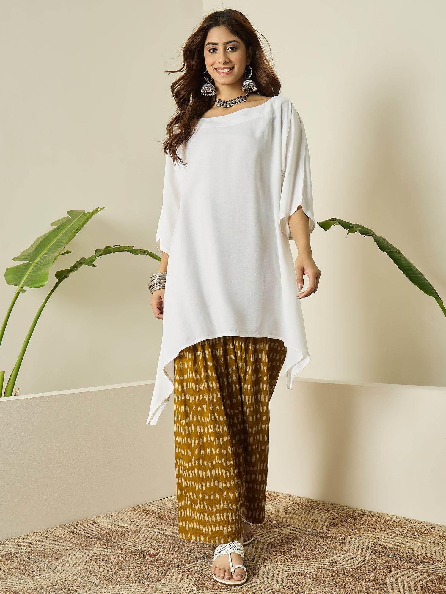 White Boat Neck Yellow Ikkat Salwar Set