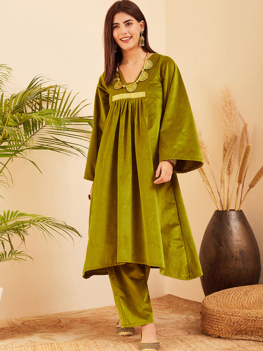 Olive V Neck Asymmetrical Pleated Velvet Kurta Set