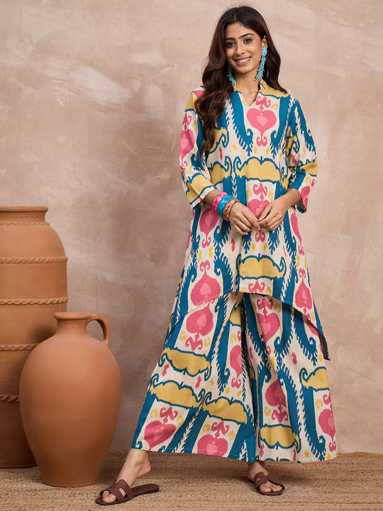 Teal Red Ikkat Print Mandarin Neck Kurta Set