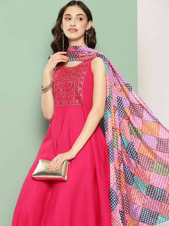 Fuchsia Mirror Work Strappy Set W Square Bandhani Print Silk Dup