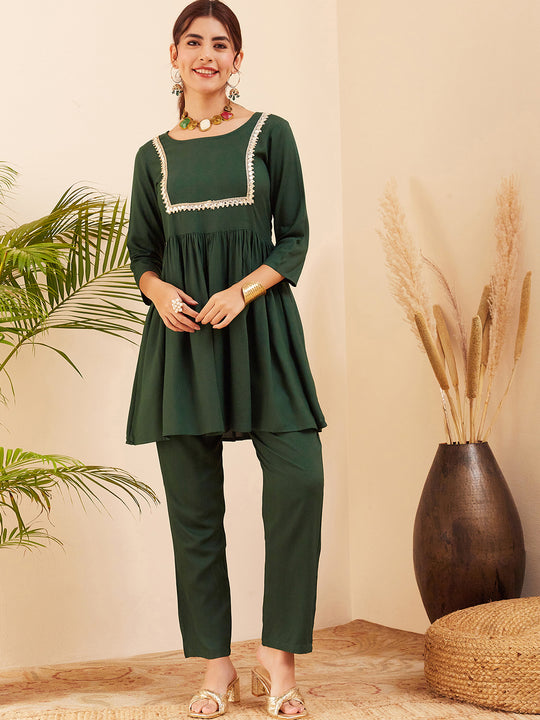 Forest Green Round Neck Square Gota Work Kurta Pant Set