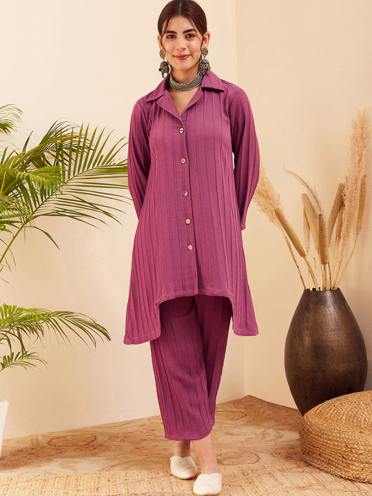 Dark Mauve Collared Front Button Blazer Kurta Pant Set