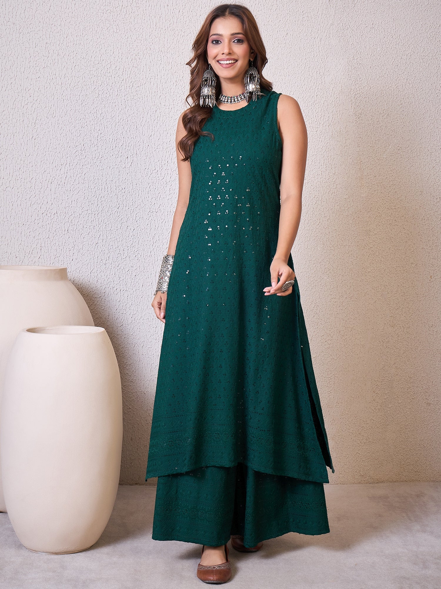 Dark Green Chikankari Halter Kurta Set