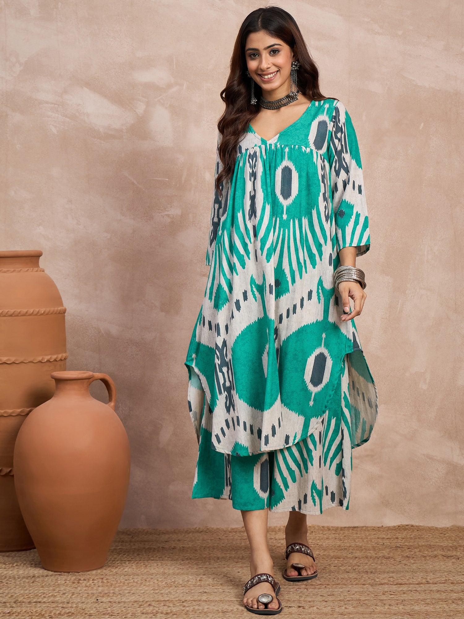 Sea Green White Ikkat Print V Neck Kurta Set
