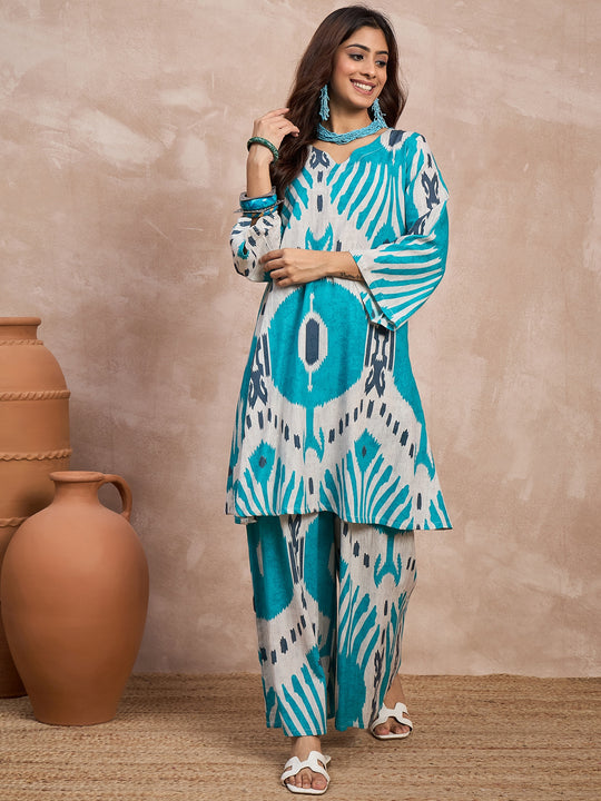 Sky Blue Ikkat Print Long Sleeve Kurta Set