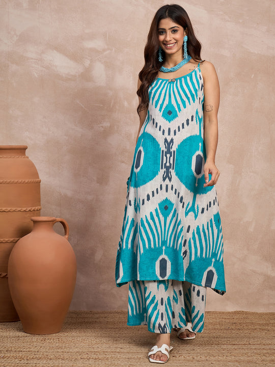 Sky Blue Ikkat Print Button Strappy Kurta Set