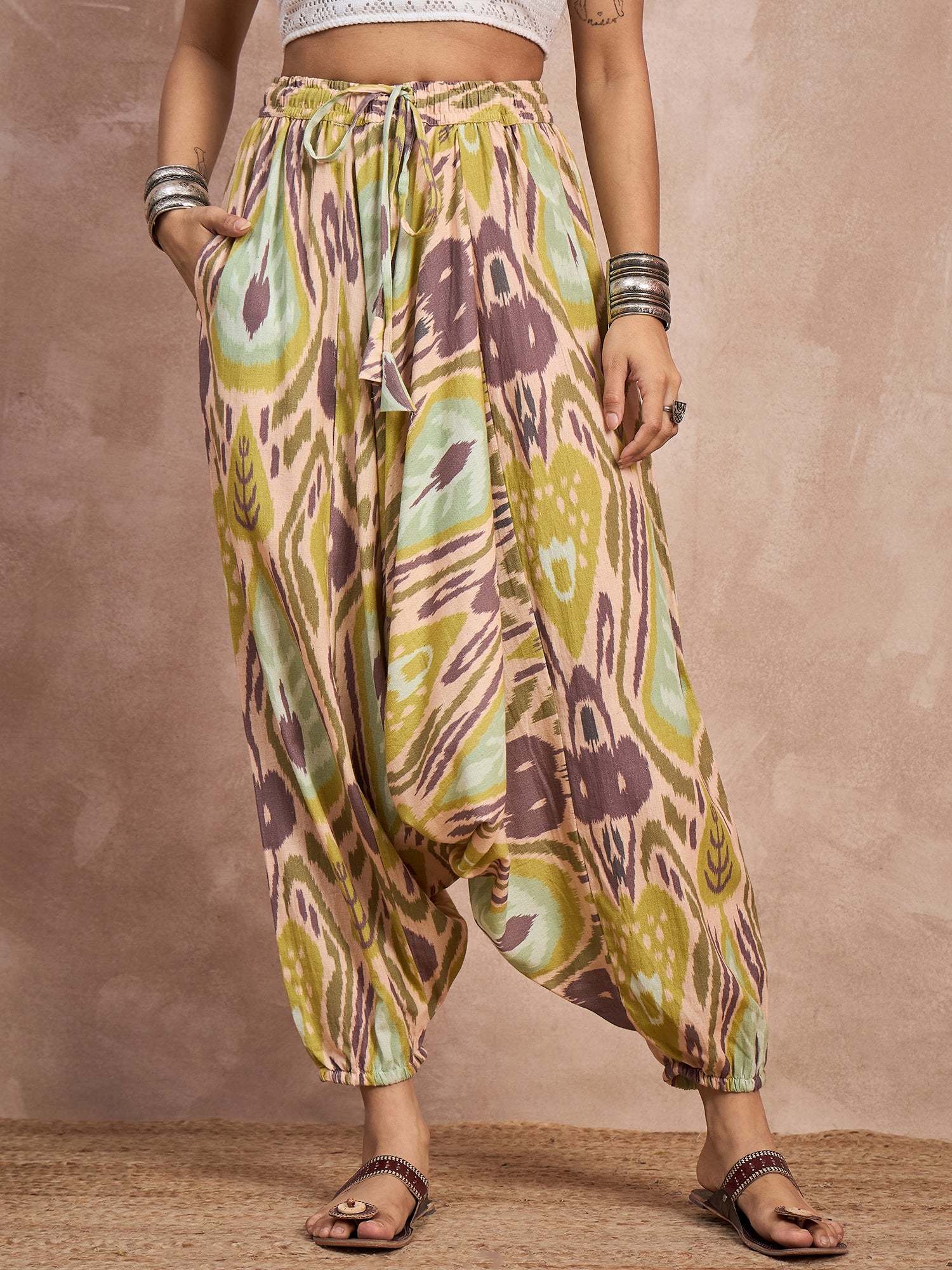 Olive Brown Ikkat Print  Cowl Harem Pant