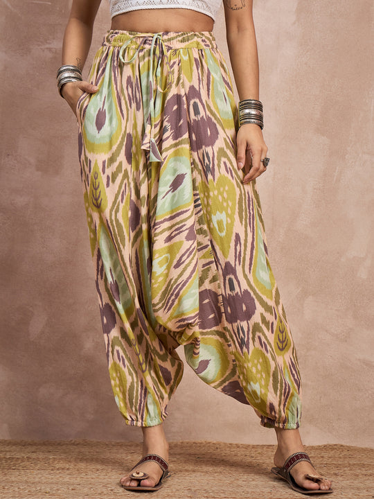 Olive Brown Ikkat Print  Cowl Harem Pant