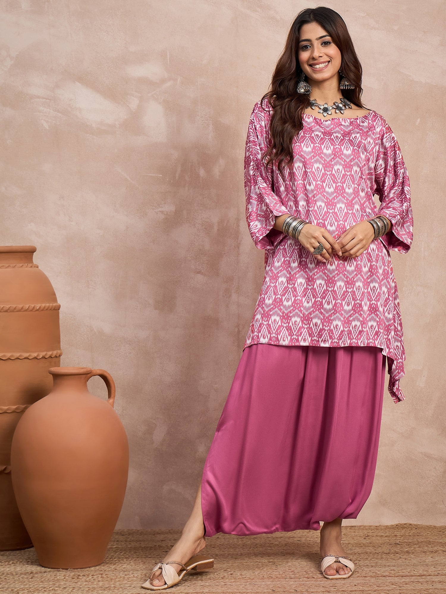 Punch Pink Foil Boat Neck Dhoti Set