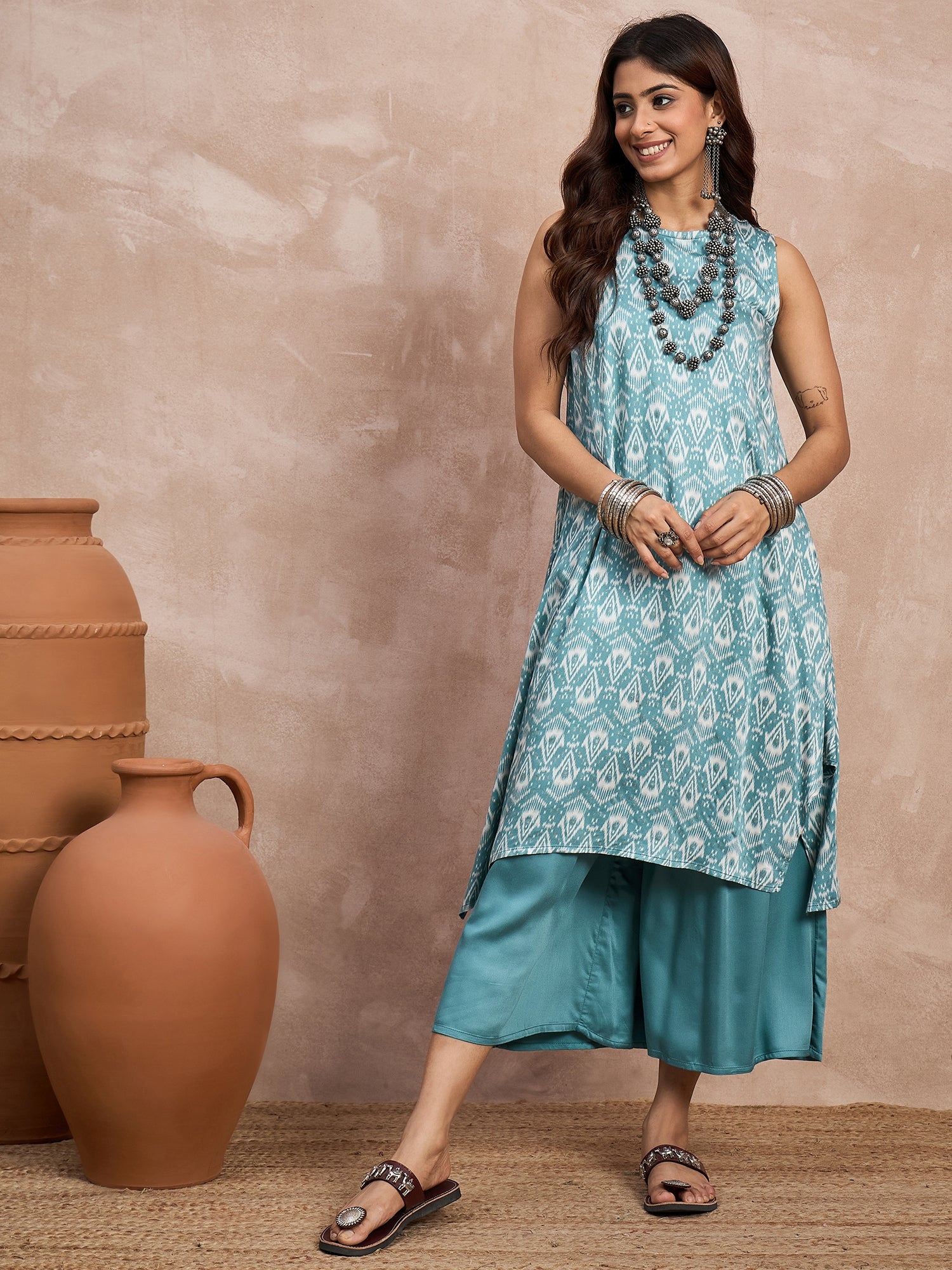 Light Teal Foil Kurta Palazzo Set