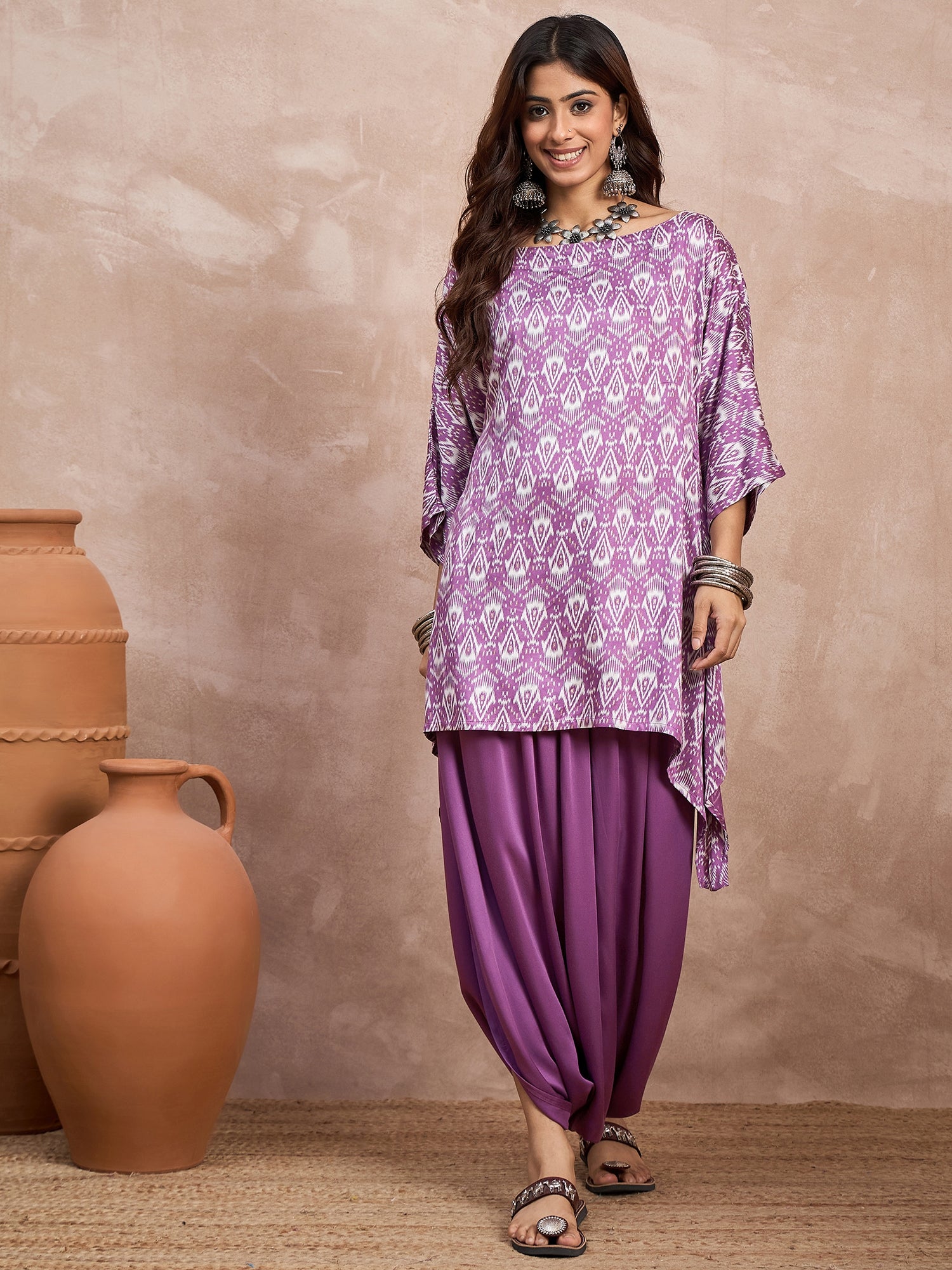 Dark Mauve Foil Boat Neck Dhoti Set