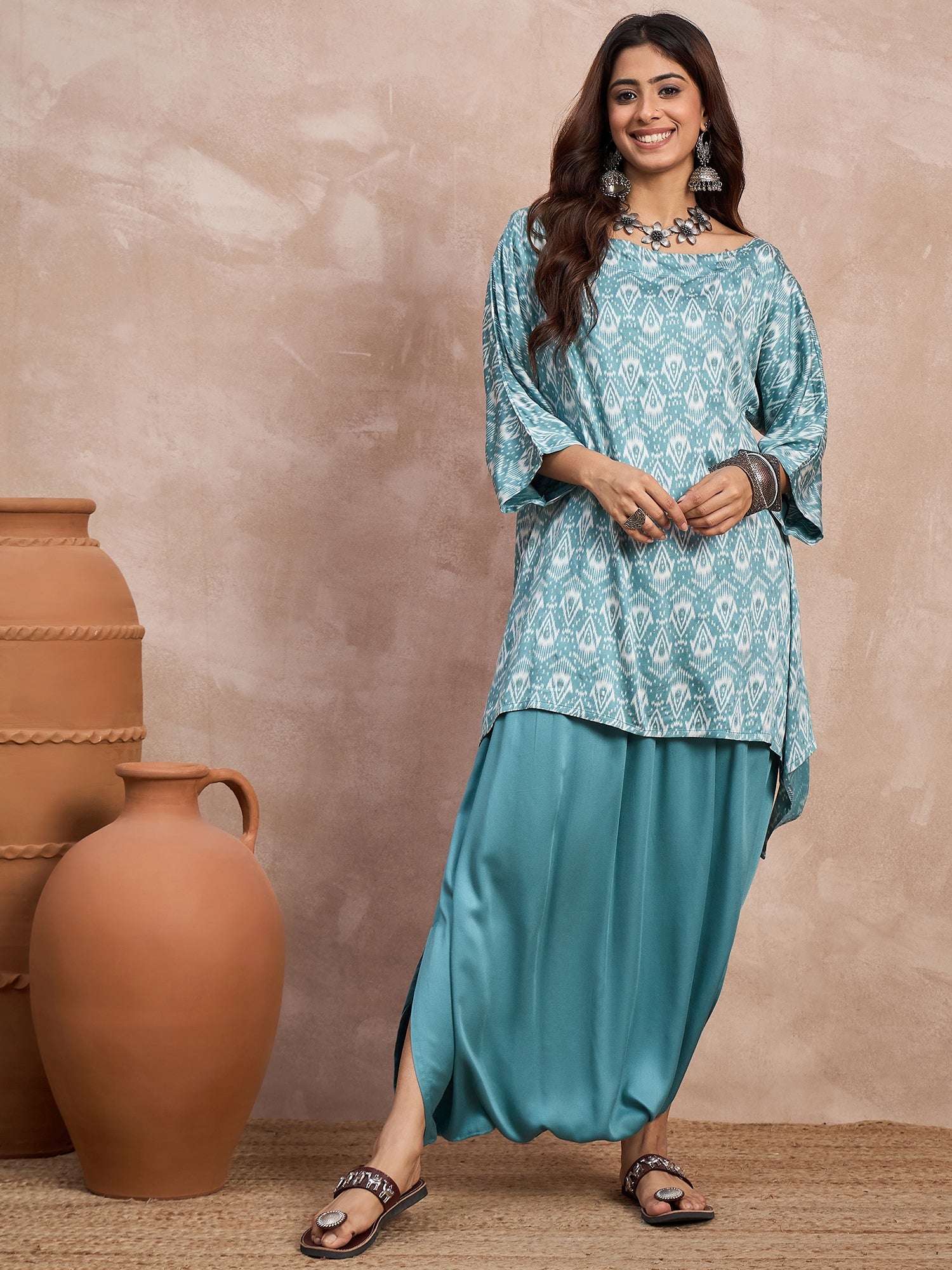 Light Teal Foil Boat Neck Dhoti Set