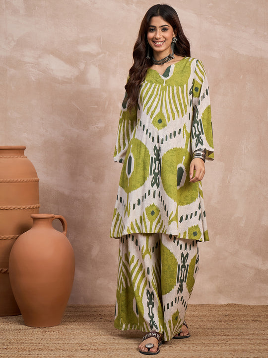 Olive White Ikkat Print Long Sleeve Kurta Set