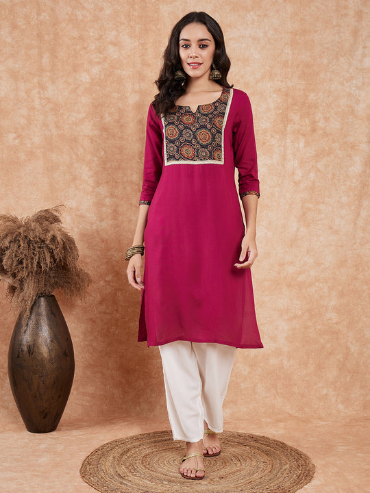 Wine Printed Neck Patch Work Straight Kurta