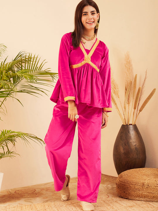 Magenta Mughal Shaan Style Velvet Short Kurta Set
