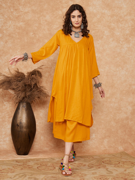 Mustard Lurex Flared V Neck Kurta Palazzo Set