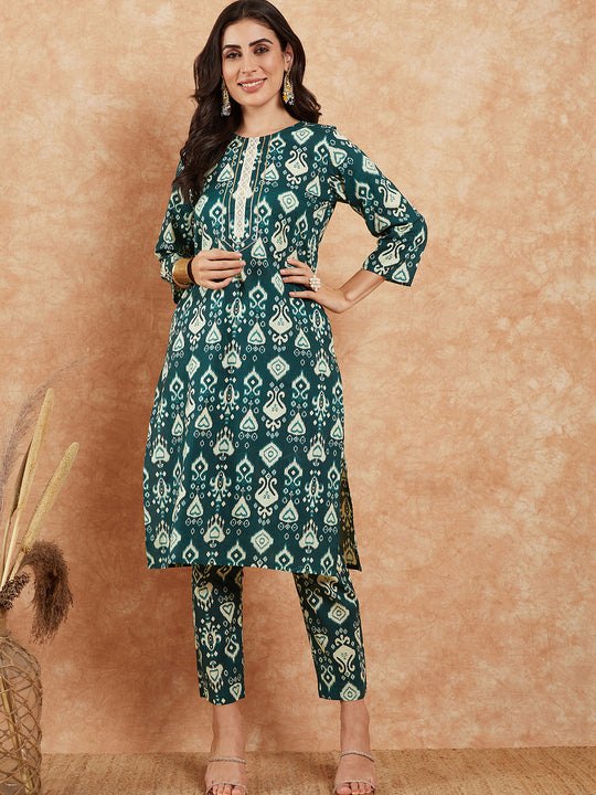 Peacock Blue Ikkat Print Gota Work Straight Kurta Pant Set