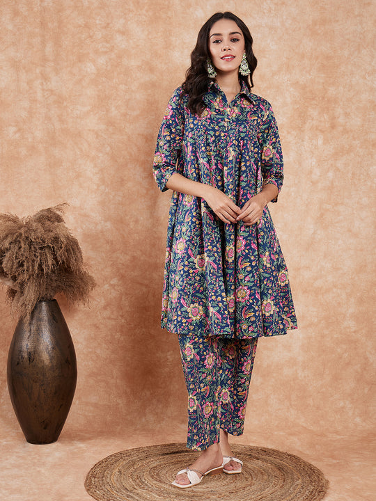 Blue Green Pink Floral Print Flared Kurta Pant Set