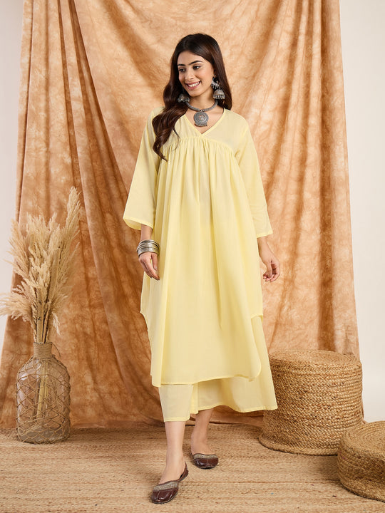 Light Yellow Pastel V Neck Flared Kurta Set