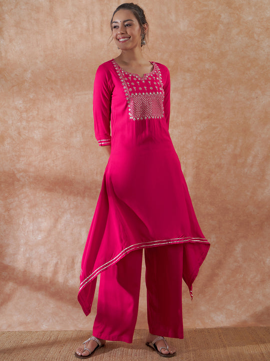 Magenta Emb Assymetrical Kurta Pant Set