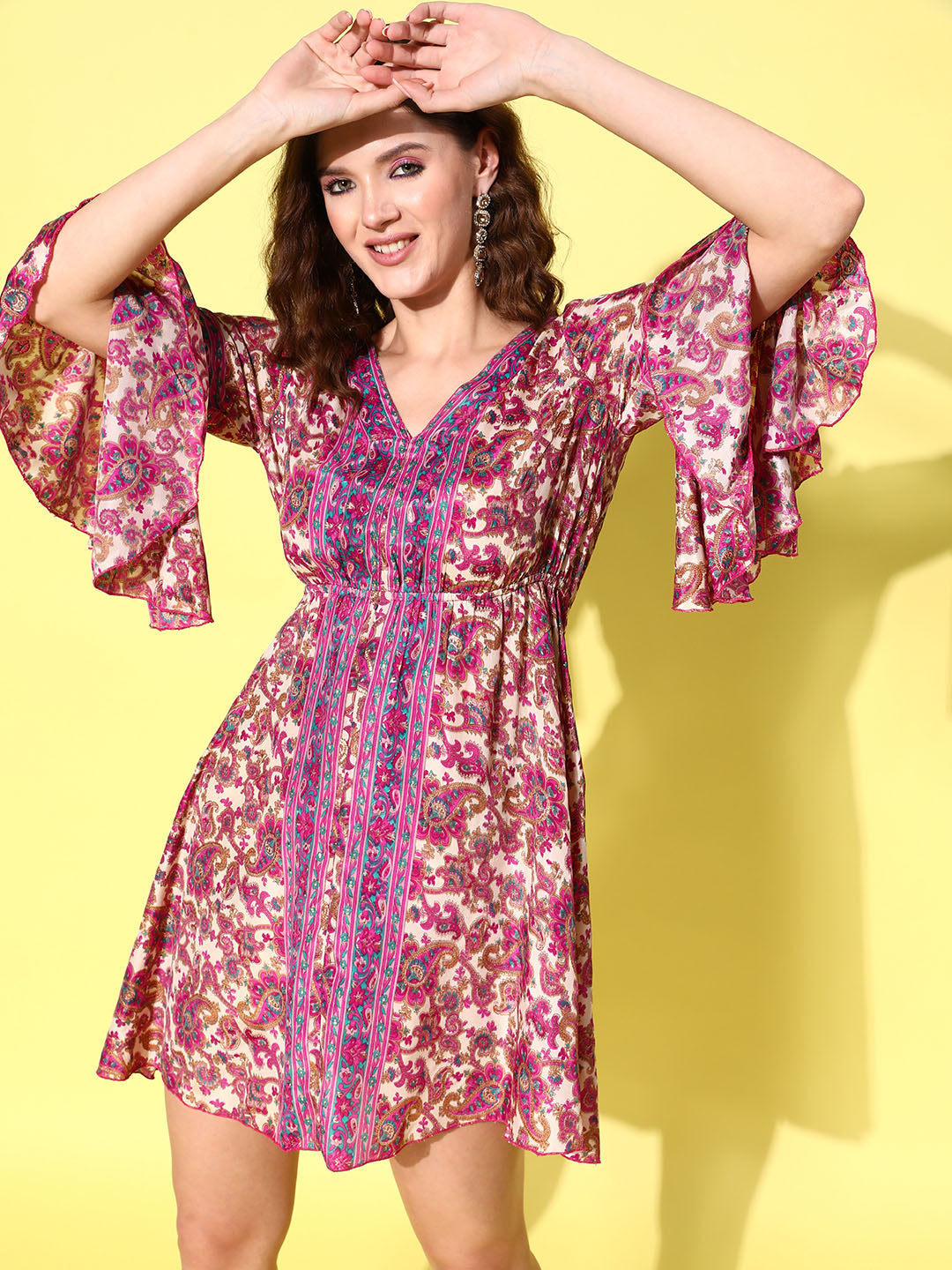 Short Dress With Flowy Sleeves Fuchsia Floral Prnited Bell Sleeve Short Dress Short Dress With Flowy Sleeves Fuchsia Floral Prnited Bell Sleeve Short Dress