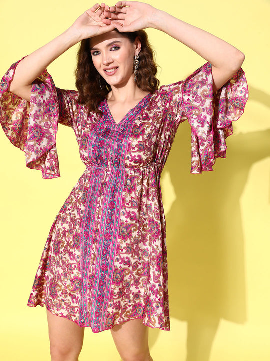 Fuchsia Floral Prnited Bell Sleeve Short Dress