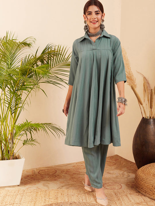 Light Mint Collared Neck Flared Kurta Pant Set