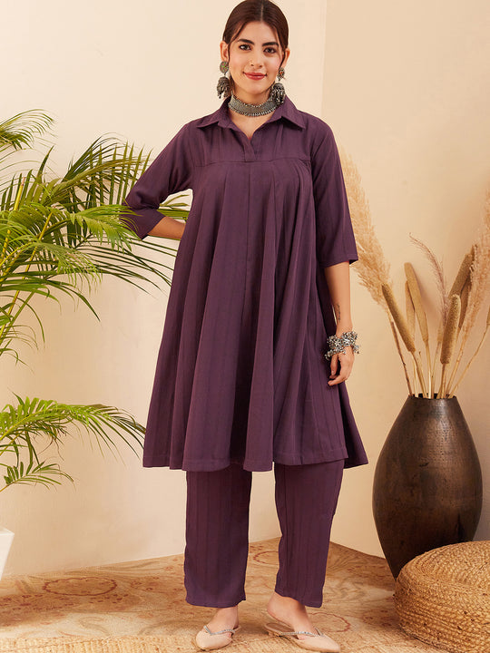 Graphite Grey Collared Neck Flared Kurta Pant Set
