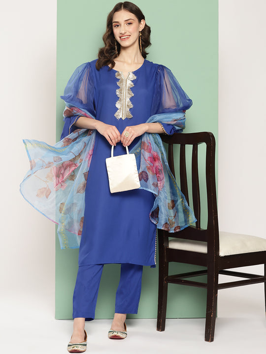 Ink Blue Organza Sleeve Kurta Set W Blue Fuchsia Or Dupatta