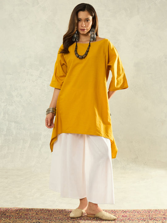 Yellow Boat Neck White Palazzo Set