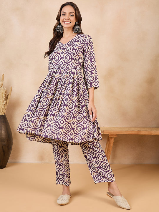 Purple White Moroccan Print Vneck Kurta Set