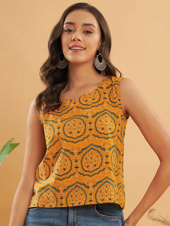 Haldi Yellow Mughal Kalamkari Sleeveless Top