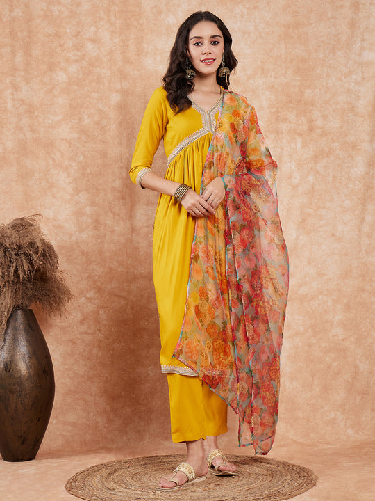 Mustard Alia Neck Style Gota Set W Organza Dupatta
