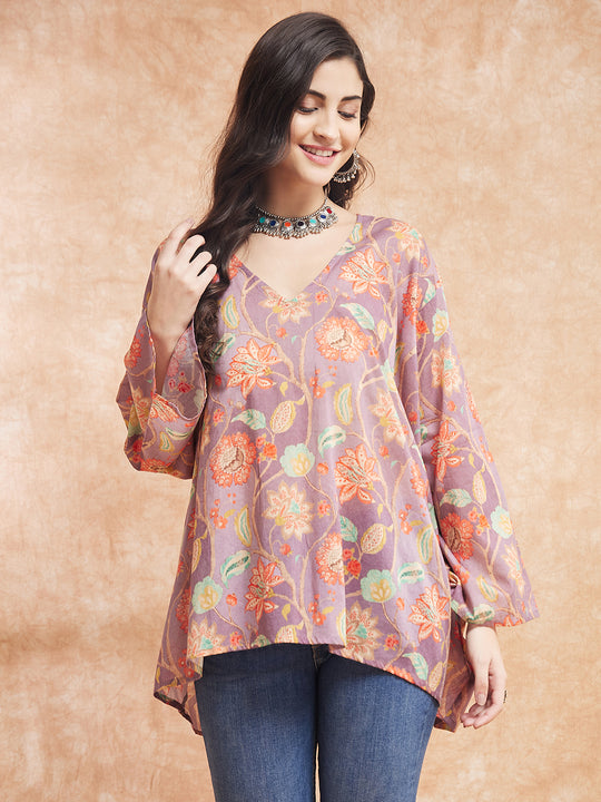 Dove Grey Floral Digital Print Kaftan Boho Top