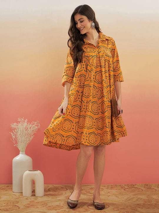 Haldi Yellow Mughal Kalamkari Flared Dress