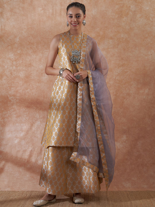 Light Grey Jacquard Halter Kurta Set W Grey Or Dupatta