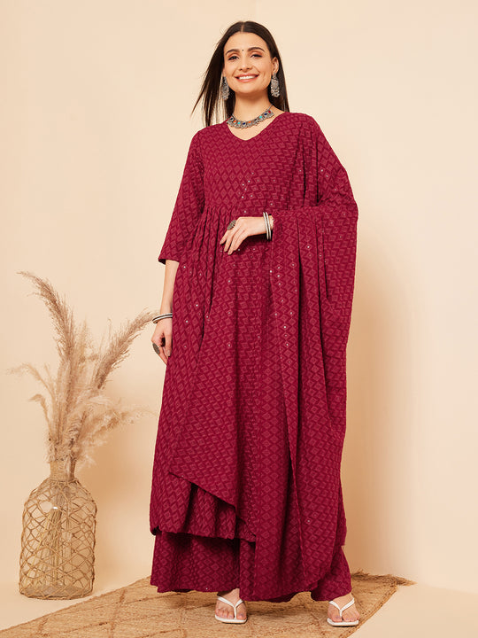 Maroon Chikankari Long Anarkali Kurta Palazzo Set W Dupatta