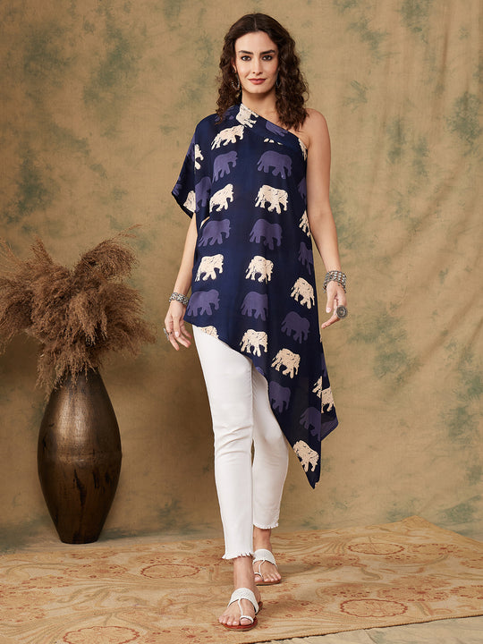 Blue Elephant Print Oneshoulder Top