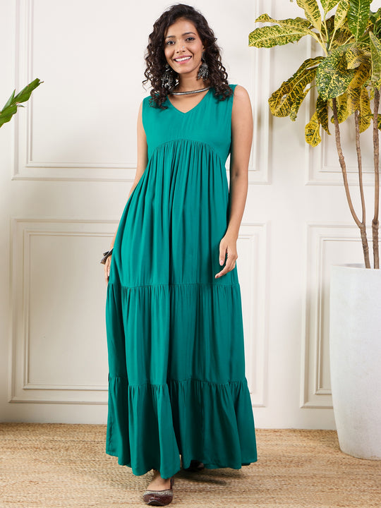 Teal V Neck Sleeveless Long Tiered Dress